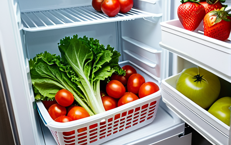 **
A beautifully organized refrigerator shelf showcasing freshly harvested produce. Crisp lettuce in a perforated bag, vibrant red tomatoes in a basket (not touching other items), and a container of bright red strawberries with paper towel visible underneath. Focus on the freshness and organization. The scene is brightly lit, conveying cleanliness and abundance. The items are fully ripe but not overly mature or bruised. "Safe for work," "appropriate content," "professional photography," "vibrant colors," "organized."
**