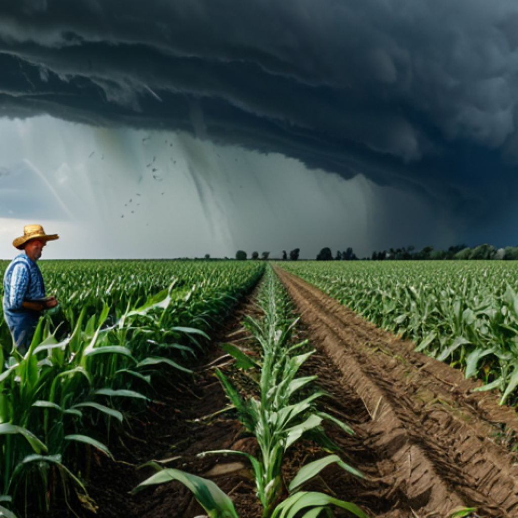 **
A vast cornfield under a stormy sky. Hail is visibly falling, damaging the crops. In the foreground, a worried farmer (fully clothed, appropriate attire) observes the damage. Add "safe for work," "professional," "natural proportions," and "realistic" for quality and safety.
**