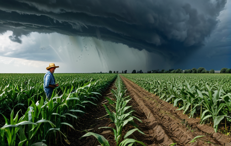 **
A vast cornfield under a stormy sky. Hail is visibly falling, damaging the crops. In the foreground, a worried farmer (fully clothed, appropriate attire) observes the damage. Add "safe for work," "professional," "natural proportions," and "realistic" for quality and safety.
**