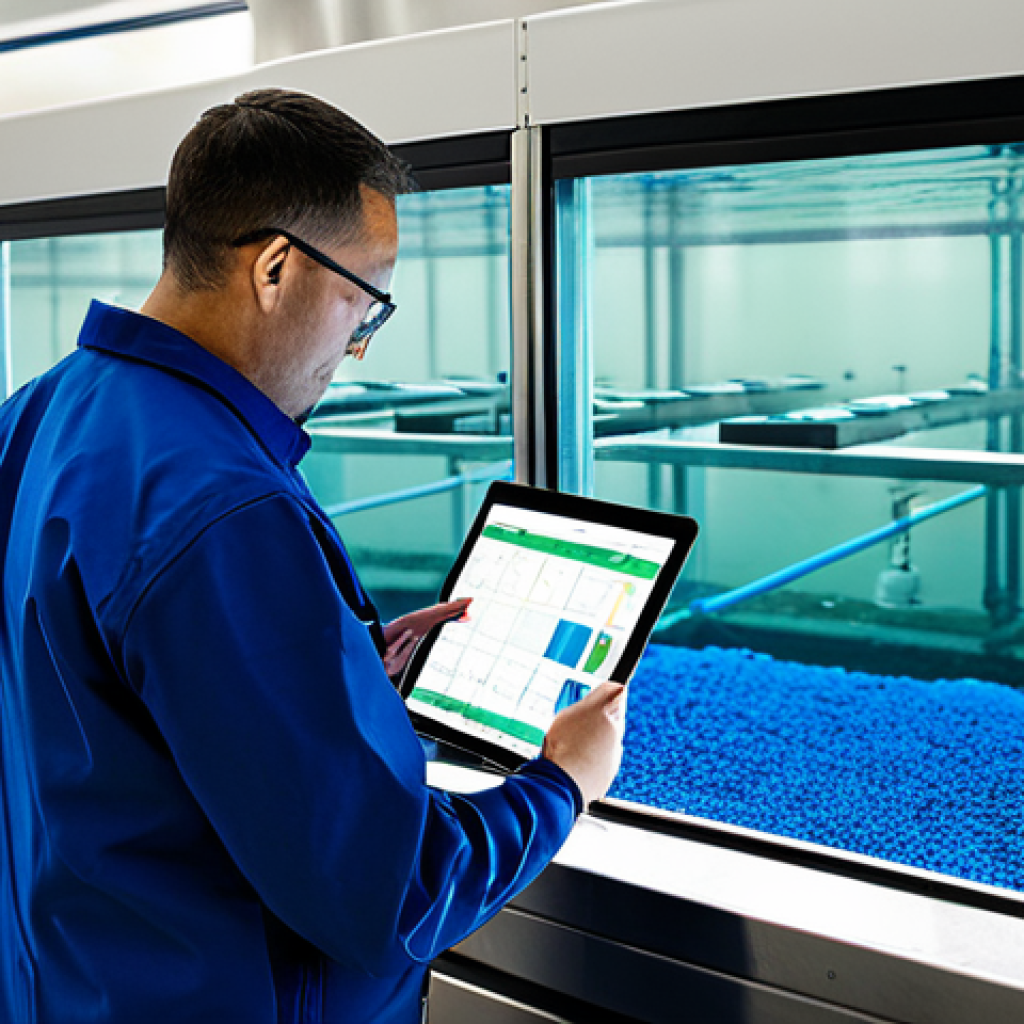 Smart Aquafarming Monitoring**

"A modern aquafarm, showing a technician in appropriate work attire using a tablet to monitor water quality data from smart sensors. The scene includes healthy-looking fish in a clear, well-maintained tank. Background shows a professional aquaculture facility. Safe for work, appropriate content, fully clothed, professional, perfect anatomy, natural proportions, high quality."

**