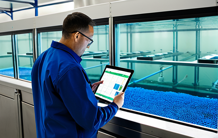Smart Aquafarming Monitoring**
"A modern aquafarm, showing a technician in appropriate work attire using a tablet to monitor water quality data from smart sensors. The scene includes healthy-looking fish in a clear, well-maintained tank. Background shows a professional aquaculture facility. Safe for work, appropriate content, fully clothed, professional, perfect anatomy, natural proportions, high quality."
**