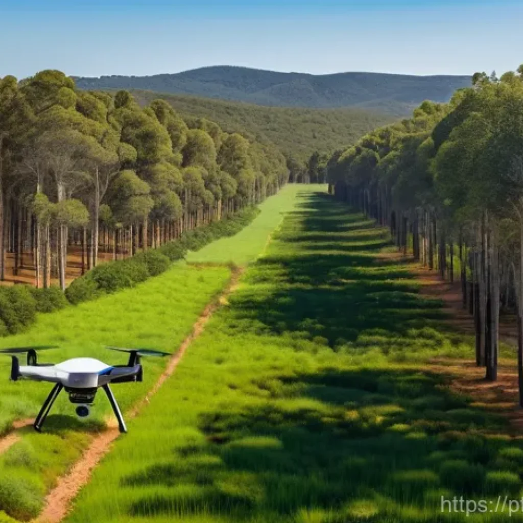친환경 벌목 기술 - **Prompt:** A state-of-the-art drone with multiple spectral cameras flies gracefully over a vast, lu...