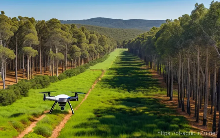 친환경 벌목 기술 - **Prompt:** A state-of-the-art drone with multiple spectral cameras flies gracefully over a vast, lu...