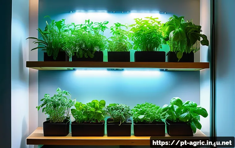 재배용 LED 조명 선택법 - A modern indoor garden setup in a cozy Brazilian apartment, featuring a variety of healthy herbs and...