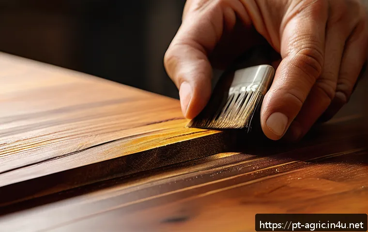 목재 가공 기술 - A close-up scene of a skilled artisan’s hands carefully applying natural tung oil with a soft cloth ...