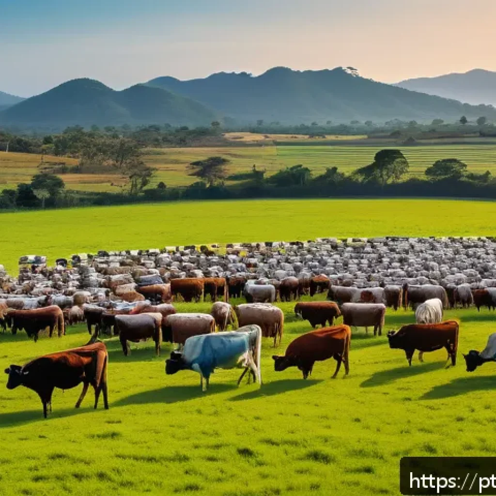 축산업 스마트팜 기술 - A modern Brazilian cattle farm scene featuring a diverse herd of cattle wearing digital monitoring c...