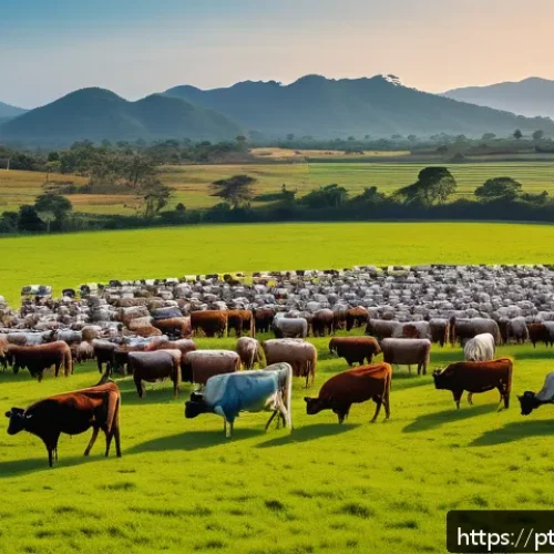 축산업 스마트팜 기술 - A modern Brazilian cattle farm scene featuring a diverse herd of cattle wearing digital monitoring c...