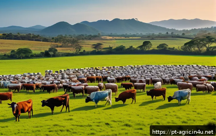 축산업 스마트팜 기술 - A modern Brazilian cattle farm scene featuring a diverse herd of cattle wearing digital monitoring c...