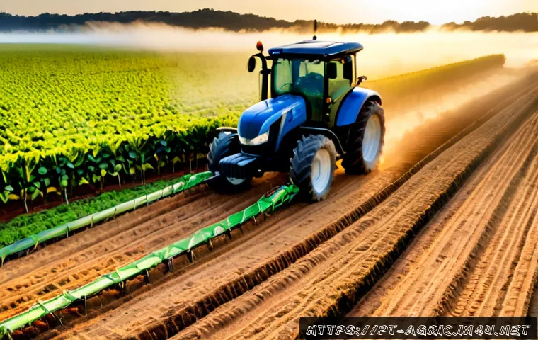 농업 기계 종류 및 사용법 - Photorealistic wide-angle view of a Brazilian family farm at sunrise, a modern tractor pulling a dis...
